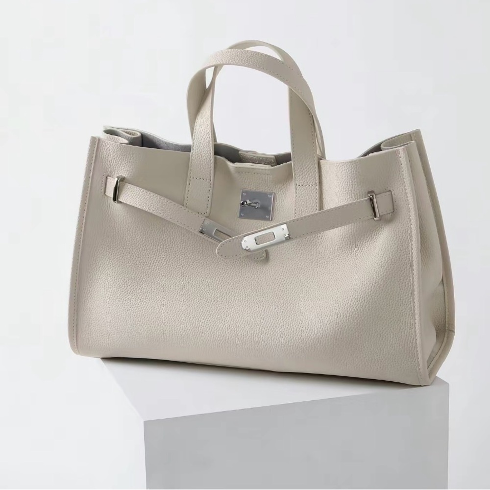 Cream Pebbled Tote with Silver-Tone Accent